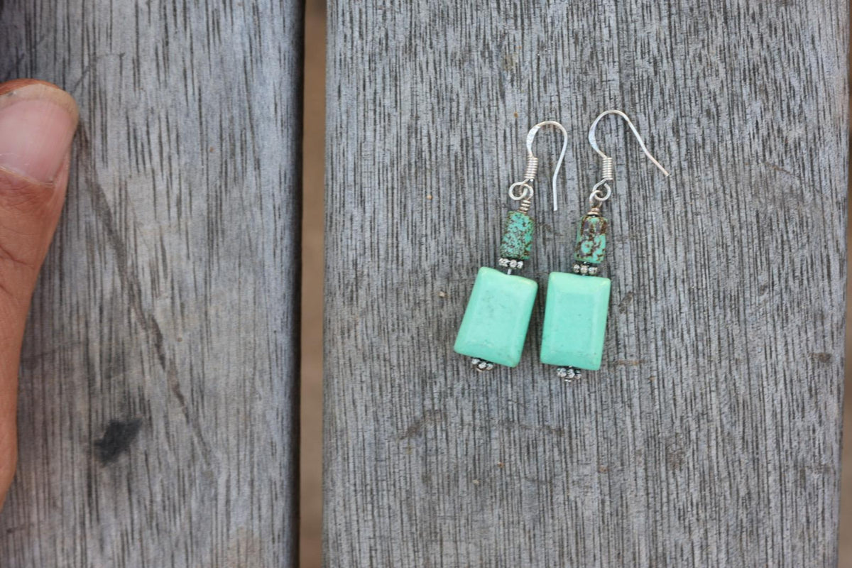 Turquoise and Green Stone Square Drop Earrings Sterling Silver