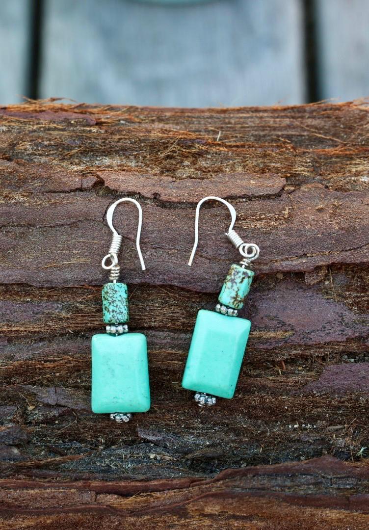 Turquoise and Green Stone Square Drop Earrings Sterling Silver