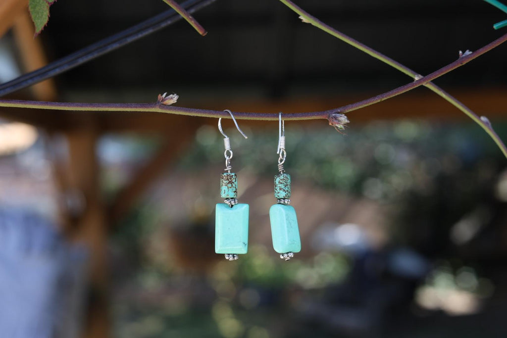 Turquoise and Green Stone Square Drop Earrings Sterling Silver