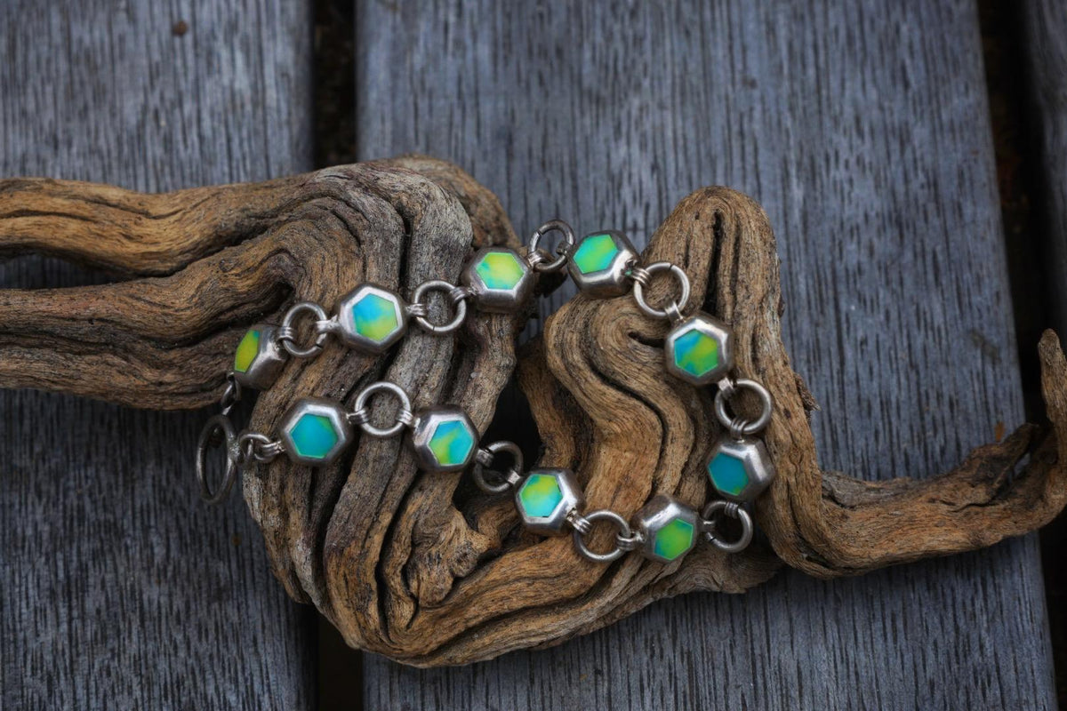Vintage Sterling Silver Calcite Hexagon Bracelet | Boho Statement Toggle Clasp