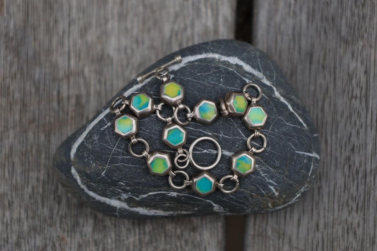 Vintage Sterling Silver Calcite Hexagon Bracelet | Boho Statement Toggle Clasp