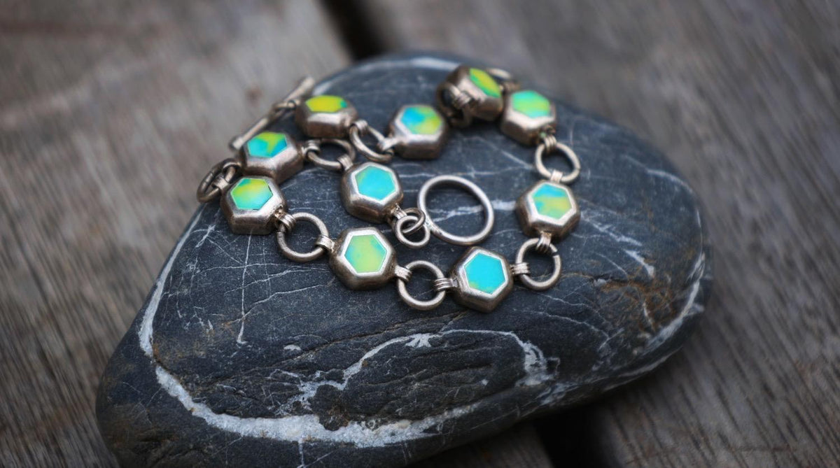 Vintage Sterling Silver Calcite Hexagon Bracelet | Boho Statement Toggle Clasp
