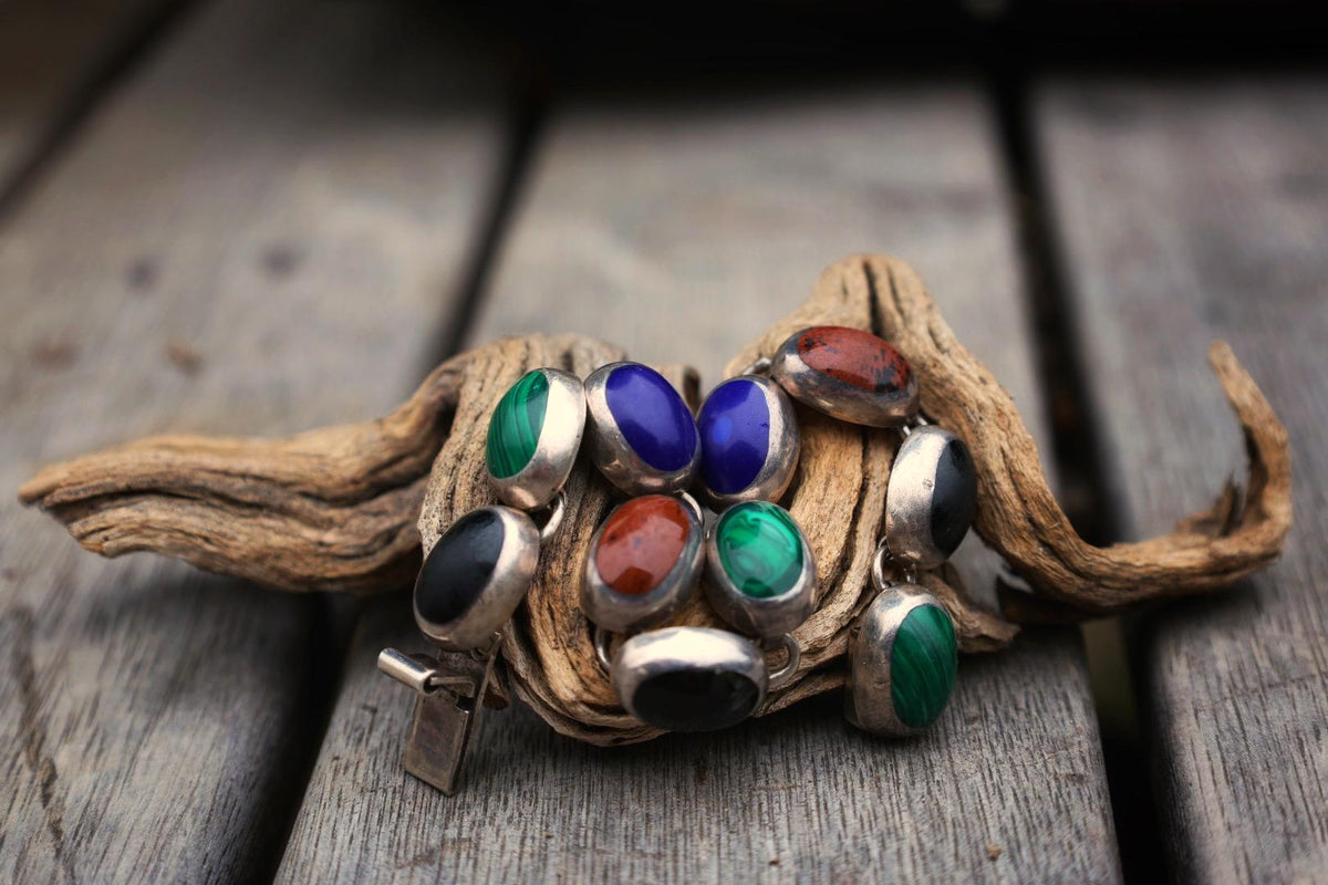 Vintage Sterling Silver Link Bracelet | Malachite, Lapis, Obsidian Stones | Handcrafted Mexico