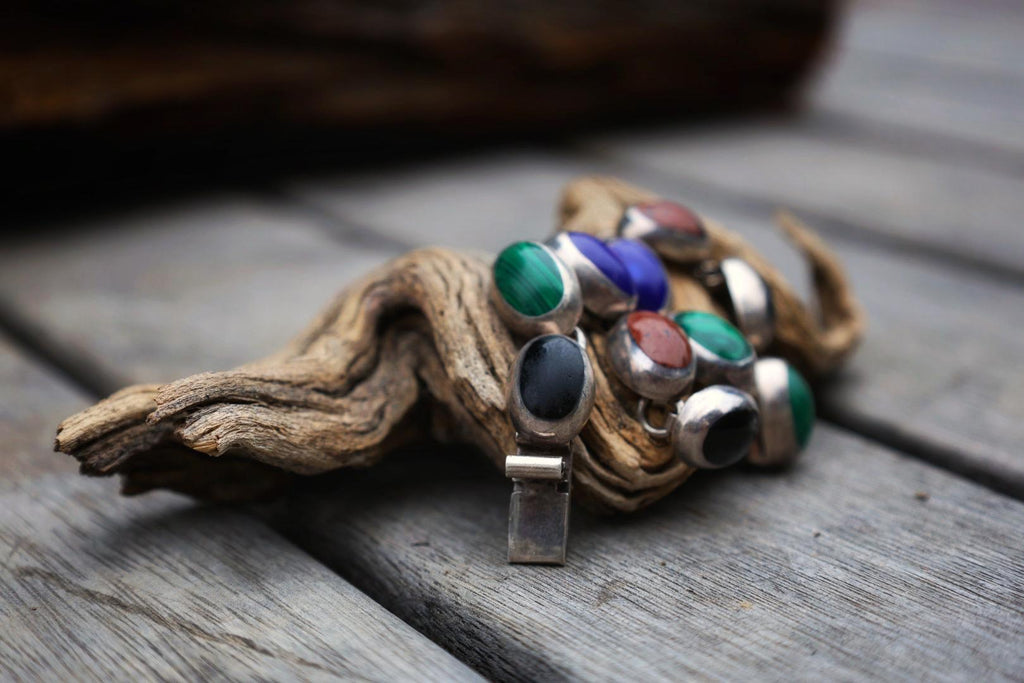 Vintage Sterling Silver Link Bracelet | Malachite, Lapis, Obsidian Stones | Handcrafted Mexico