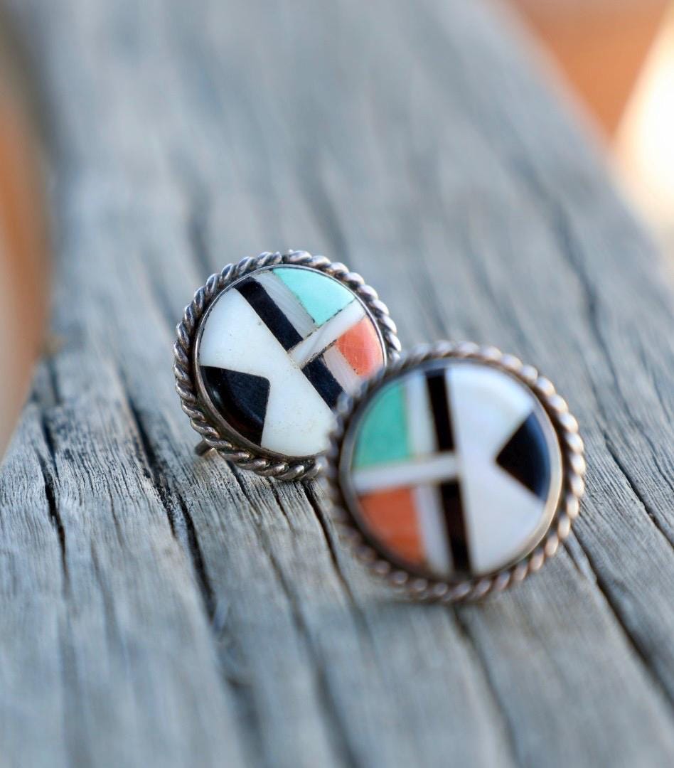 Zuni Style Multi Stone Inlay Earrings Sterling Silver Turquoise Coral Onyx