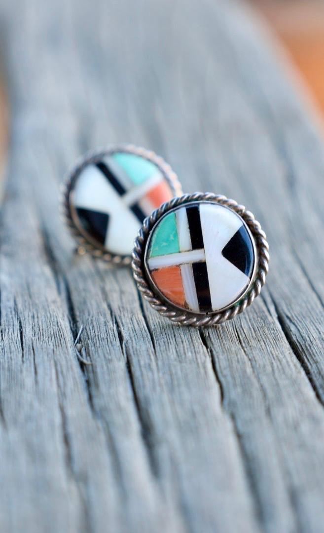 Zuni Style Multi Stone Inlay Earrings Sterling Silver Turquoise Coral Onyx