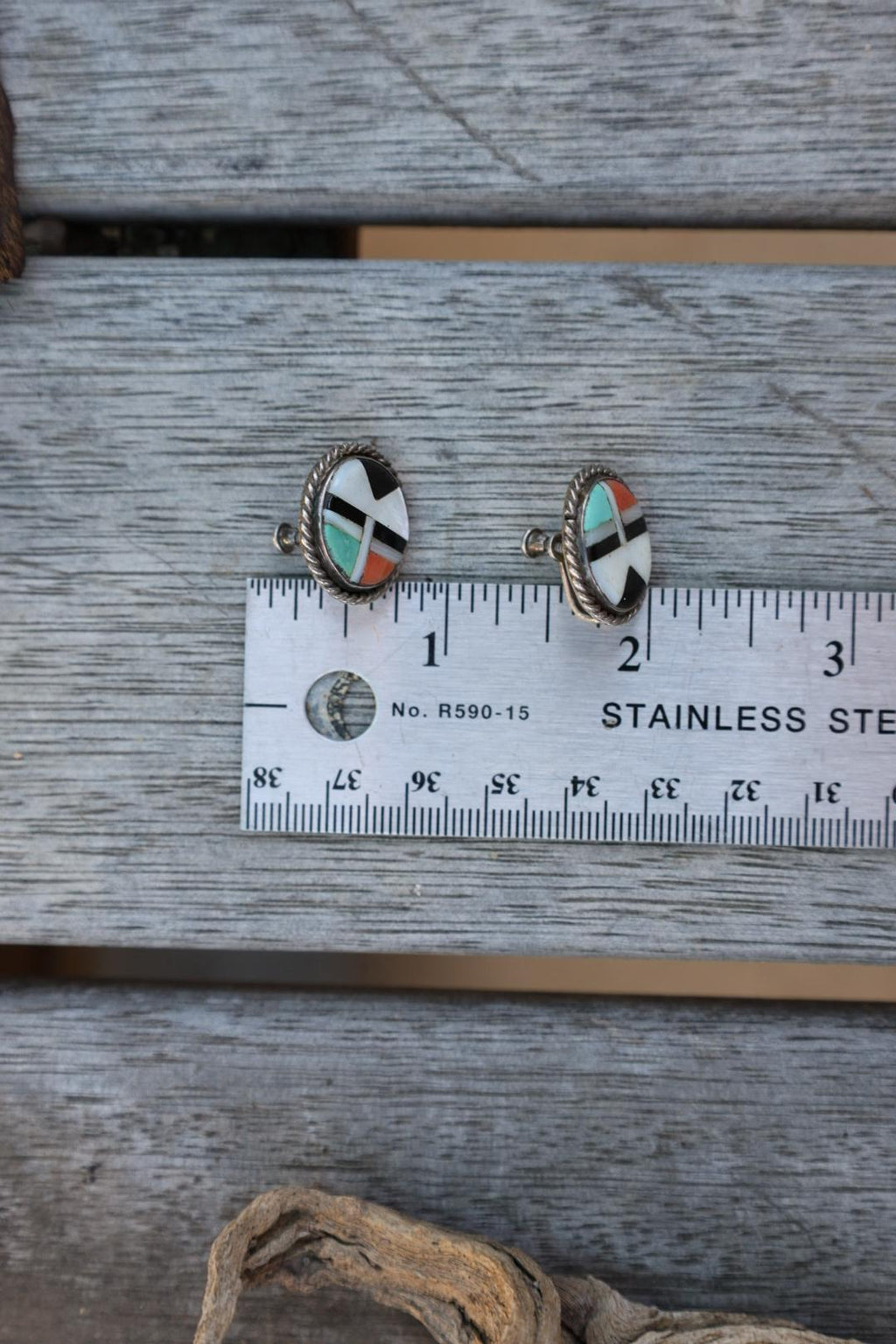 Zuni Style Multi Stone Inlay Earrings Sterling Silver Turquoise Coral Onyx