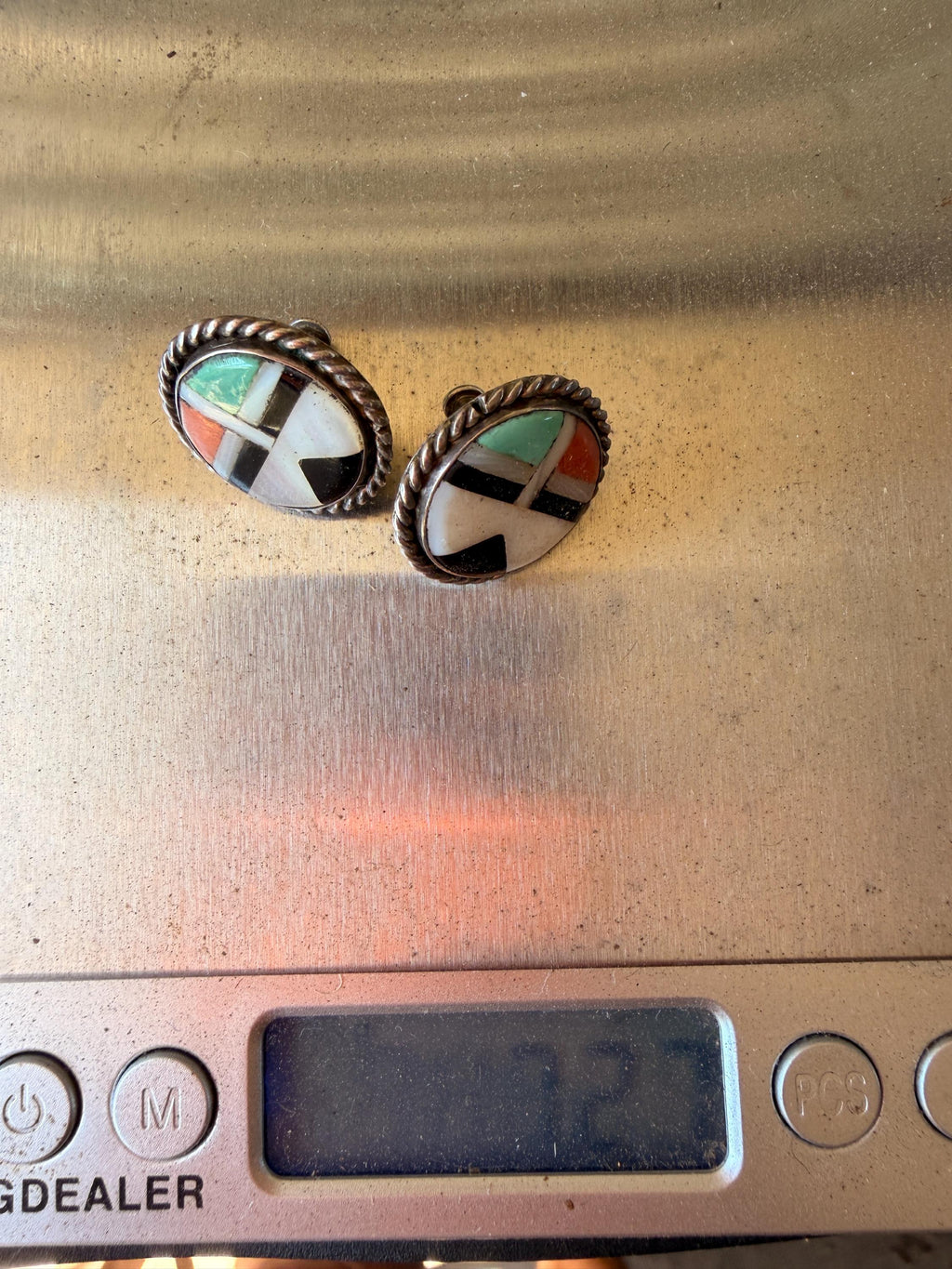 Zuni Style Multi Stone Inlay Earrings Sterling Silver Turquoise Coral Onyx