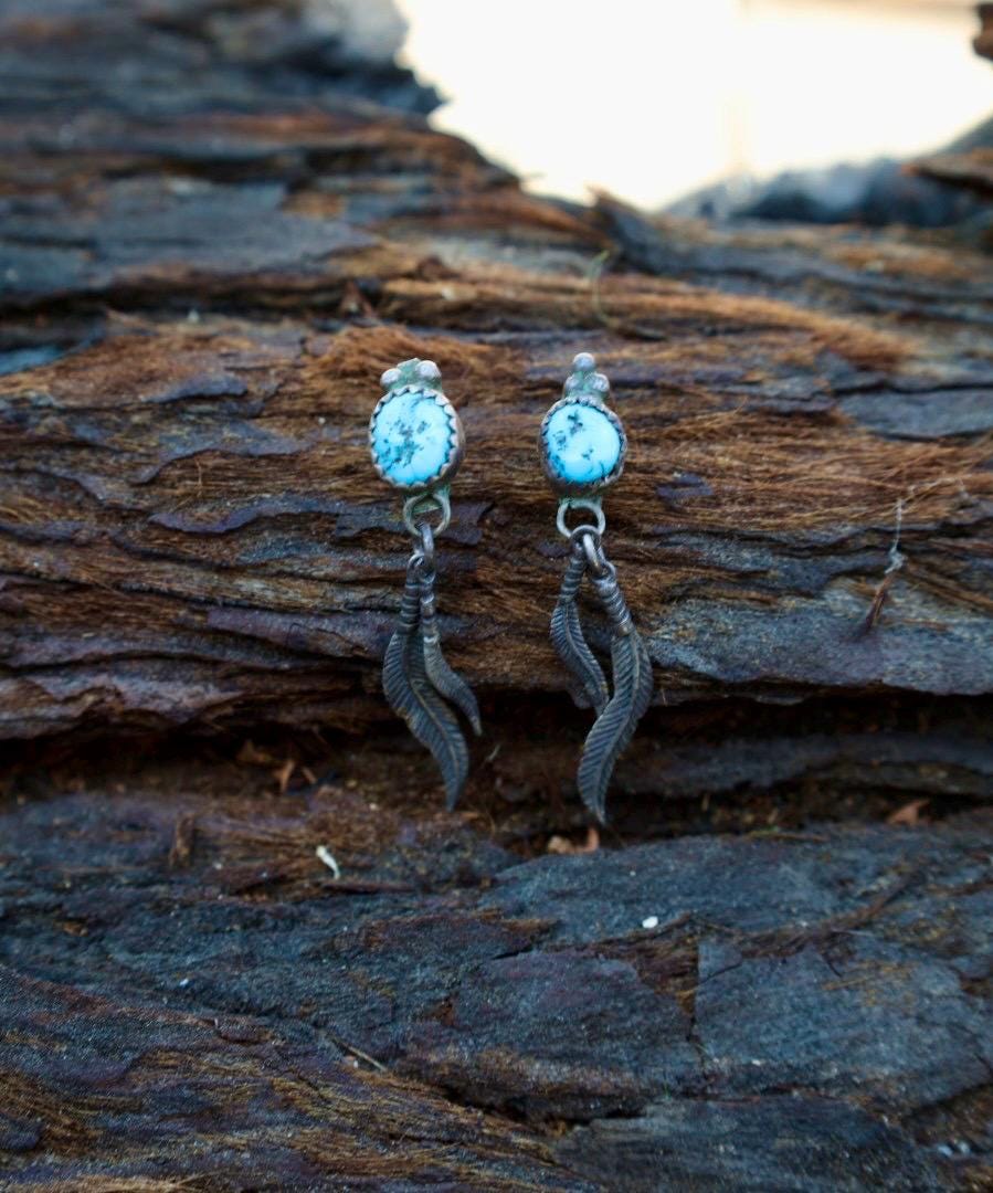 Turquoise Feather Drop Earrings Silver Southwestern Stud