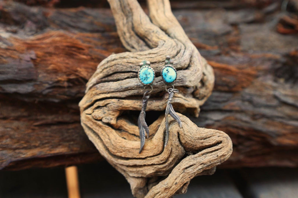 Turquoise Feather Drop Earrings Silver Southwestern Stud