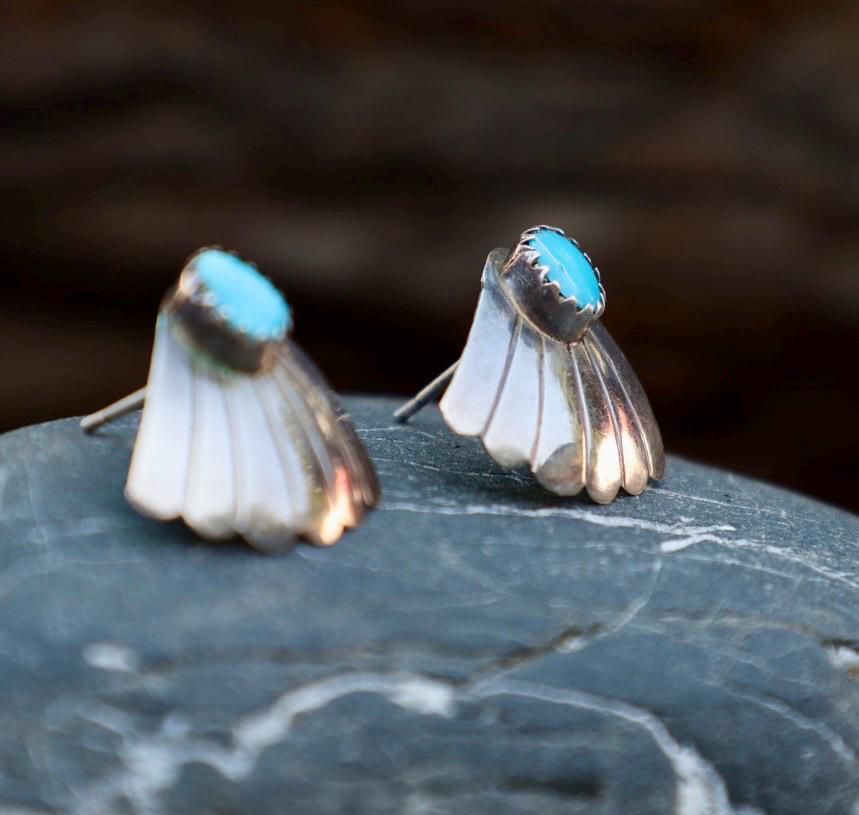 Turquoise Fan Earrings Sterling Silver Sunburst Southwestern