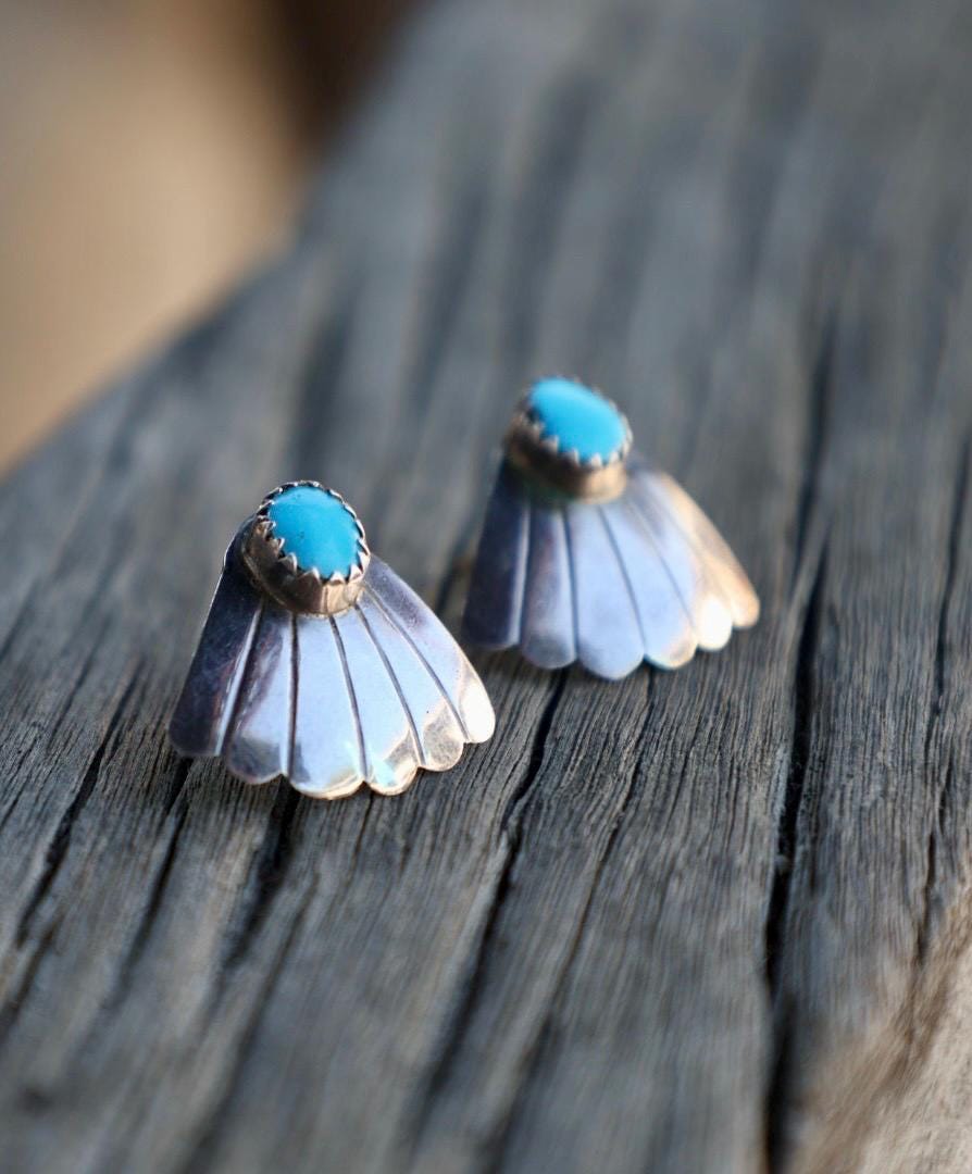 Turquoise Fan Earrings Sterling Silver Sunburst Southwestern