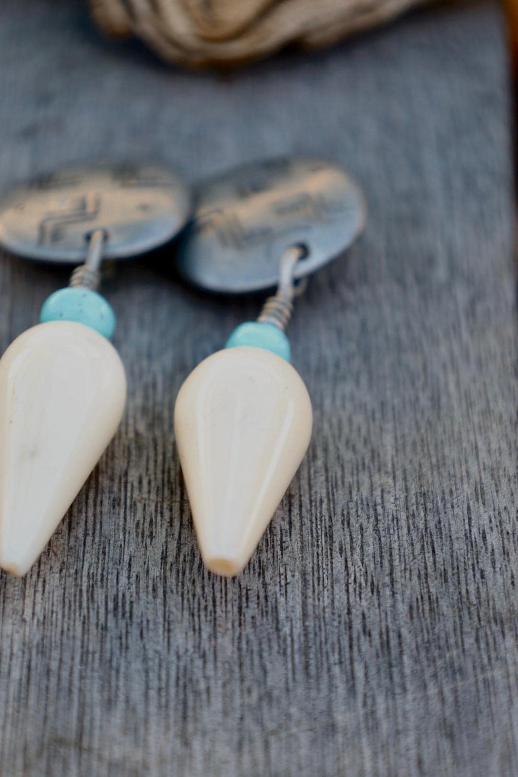 Ben-Amun Signed Southwest Etched Disc Clip-On Earrings Turquoise Bone Drop Dangle Vintage