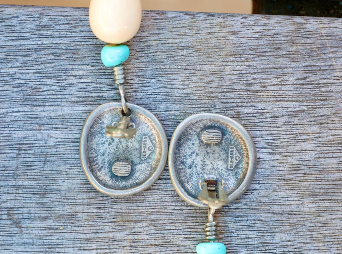 Ben-Amun Signed Southwest Etched Disc Clip-On Earrings Turquoise Bone Drop Dangle Vintage