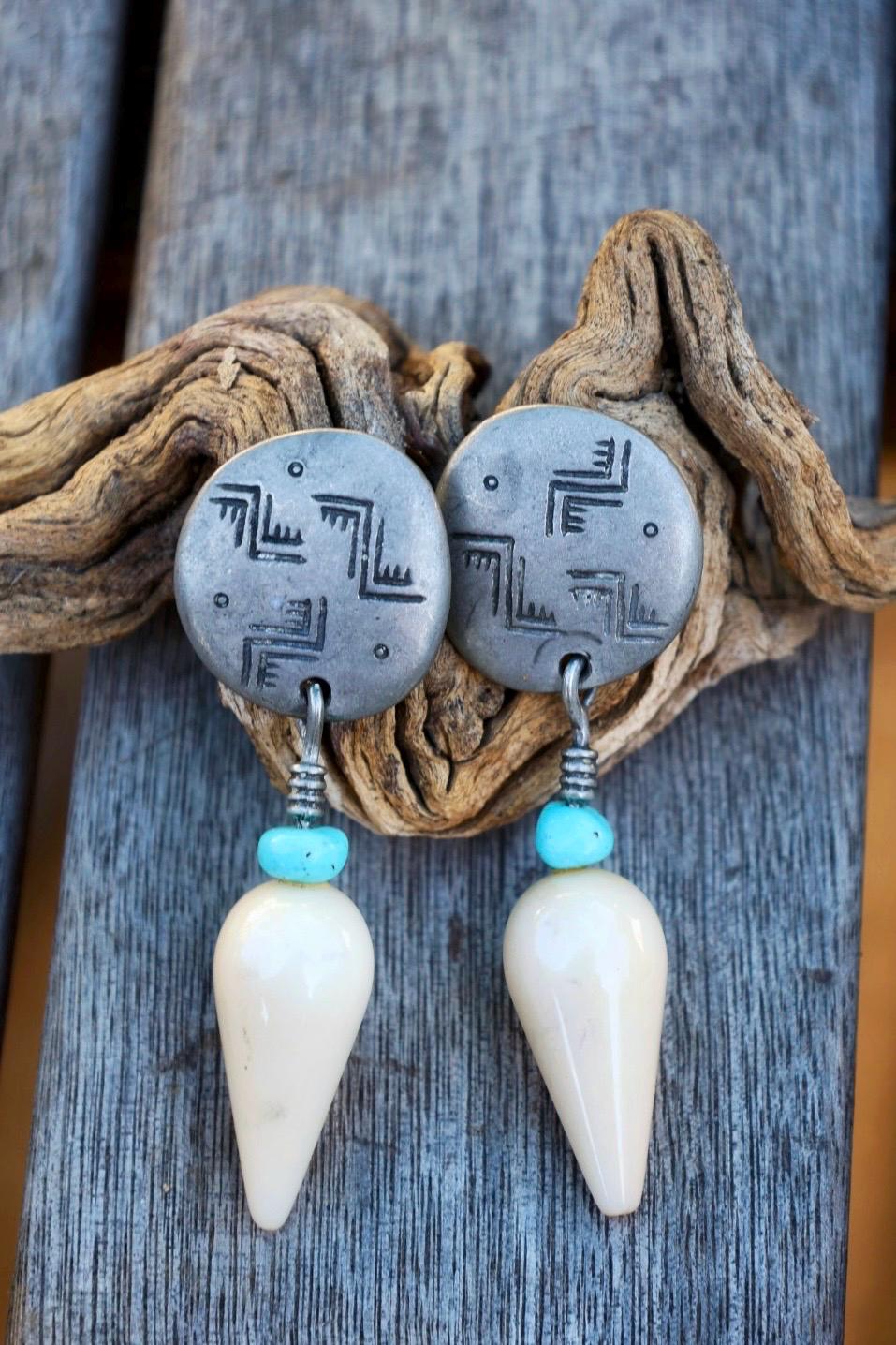 Ben-Amun Signed Southwest Etched Disc Clip-On Earrings Turquoise Bone Drop Dangle Vintage