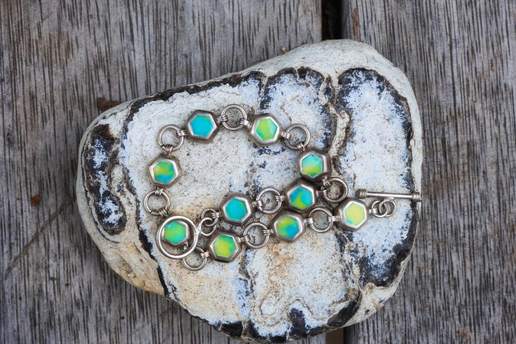 Vintage Sterling Silver Calcite Hexagon Bracelet | Boho Statement Toggle Clasp