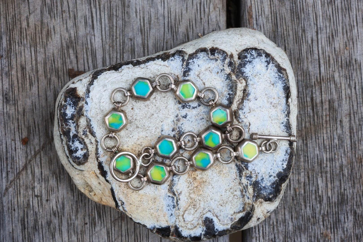Vintage Sterling Silver Calcite Hexagon Bracelet | Boho Statement Toggle Clasp