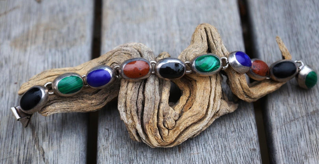 Vintage Sterling Silver Link Bracelet | Malachite, Lapis, Obsidian Stones | Handcrafted Mexico