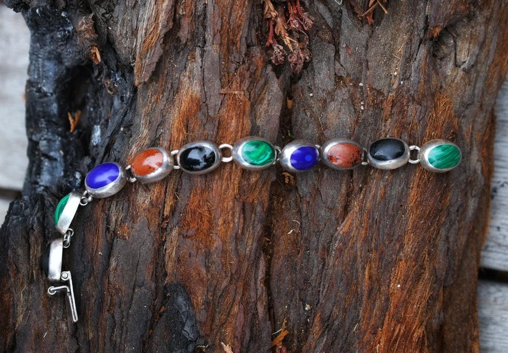 Vintage Sterling Silver Link Bracelet | Malachite, Lapis, Obsidian Stones | Handcrafted Mexico