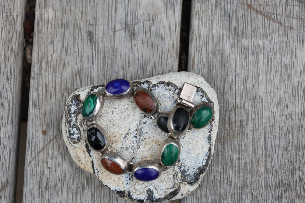 Vintage Sterling Silver Link Bracelet | Malachite, Lapis, Obsidian Stones | Handcrafted Mexico