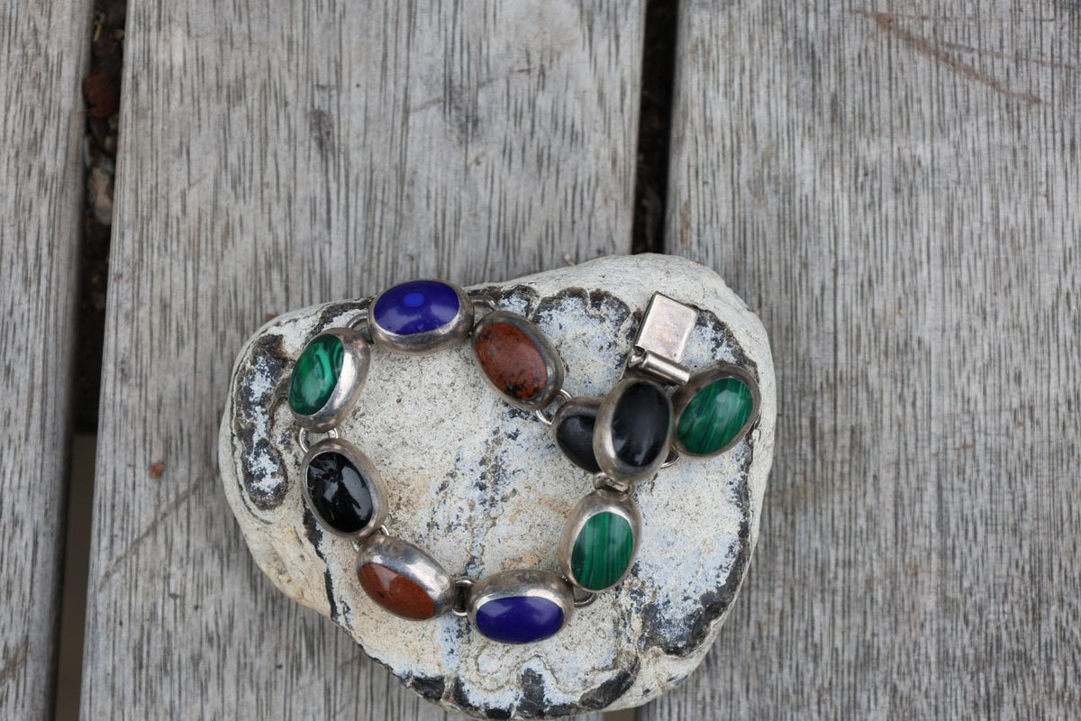 Vintage Sterling Silver Link Bracelet | Malachite, Lapis, Obsidian Stones | Handcrafted Mexico