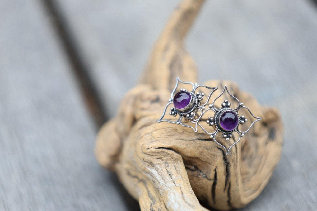 Amethyst Color Earrings Purple Cabochon Bali Style Ornate Boho Sterling Silver