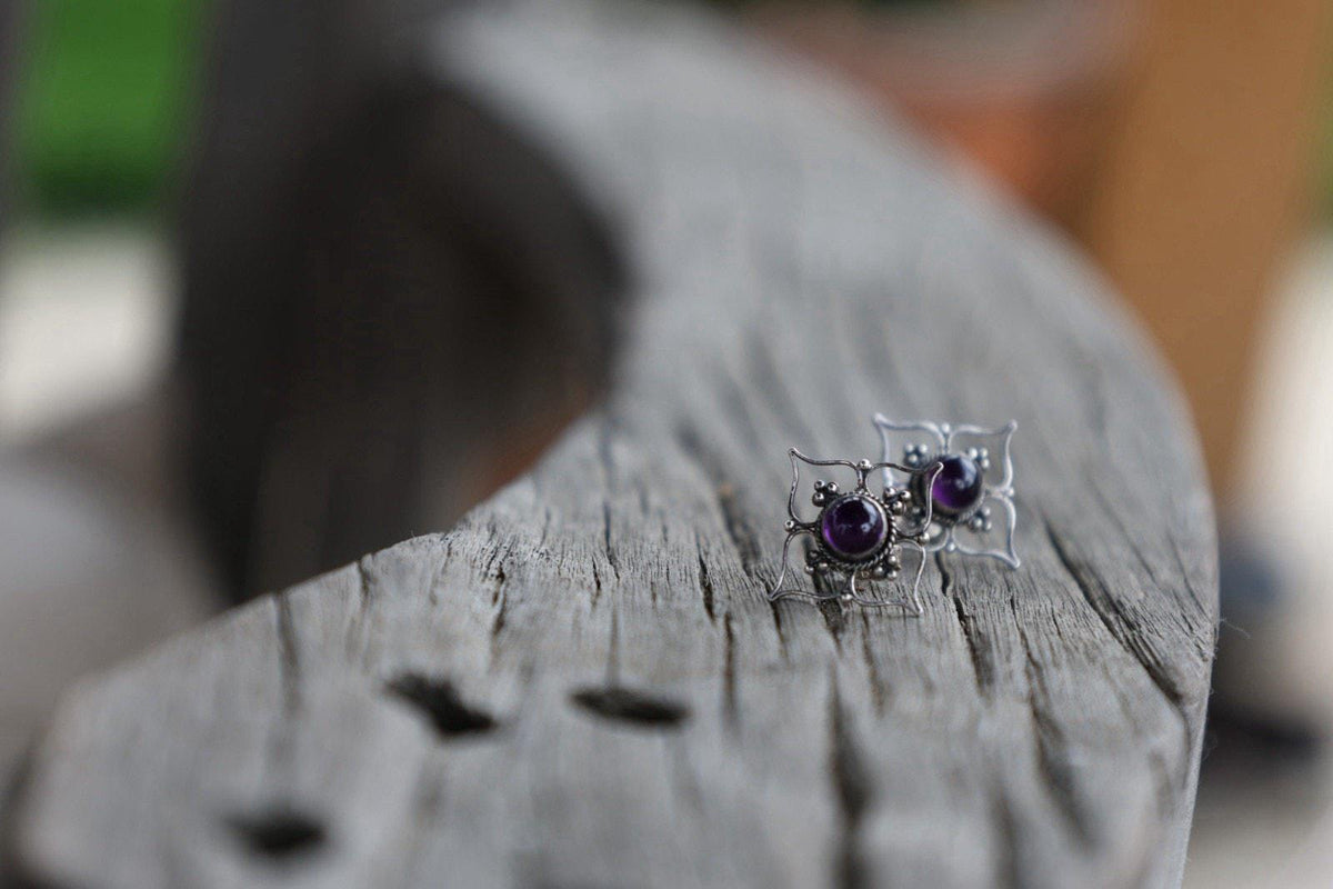 Amethyst Color Earrings Purple Cabochon Bali Style Ornate Boho Sterling Silver