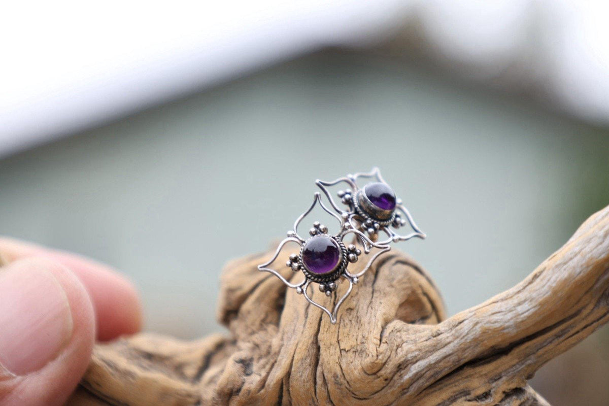 Amethyst Color Earrings Purple Cabochon Bali Style Ornate Boho Sterling Silver