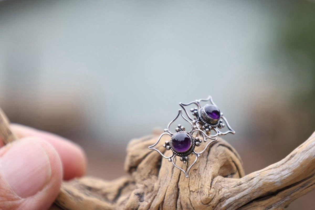 Amethyst Color Earrings Purple Cabochon Bali Style Ornate Boho Sterling Silver