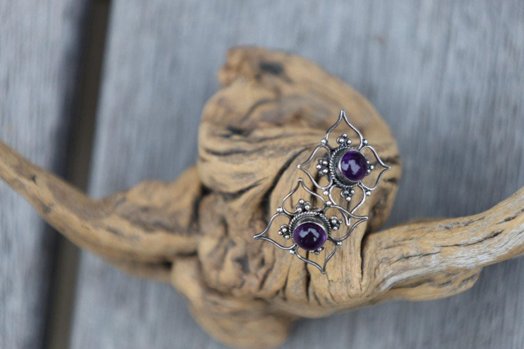 Amethyst Color Earrings Purple Cabochon Bali Style Ornate Boho Sterling Silver