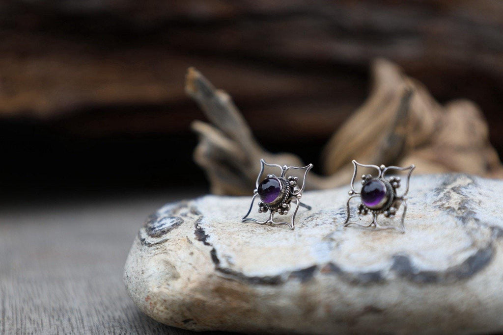 Amethyst Color Earrings Purple Cabochon Bali Style Ornate Boho Sterling Silver