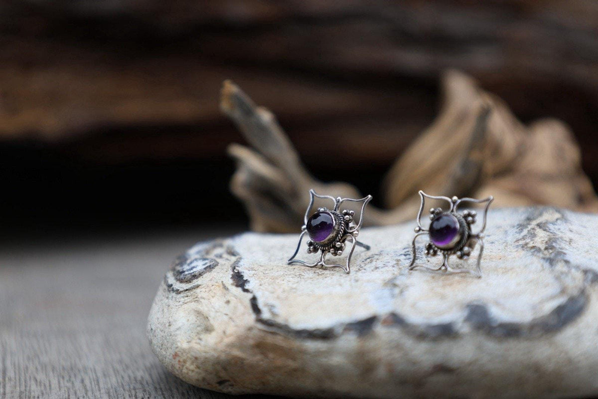 Amethyst Color Earrings Purple Cabochon Bali Style Ornate Boho Sterling Silver