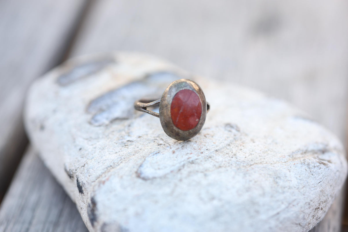Taxco Modernist Sterling Ring Orange Stone Signed SC Eagle 3 Size 6.5