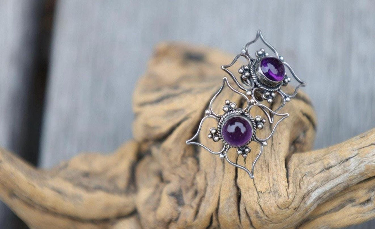 Amethyst Color Earrings Purple Cabochon Bali Style Ornate Boho Sterling Silver