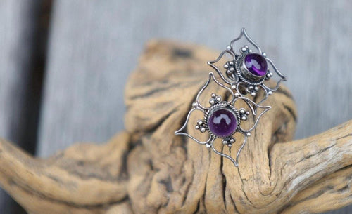 Amethyst Color Earrings Purple Cabochon Bali Style Ornate Boho Sterling Silver