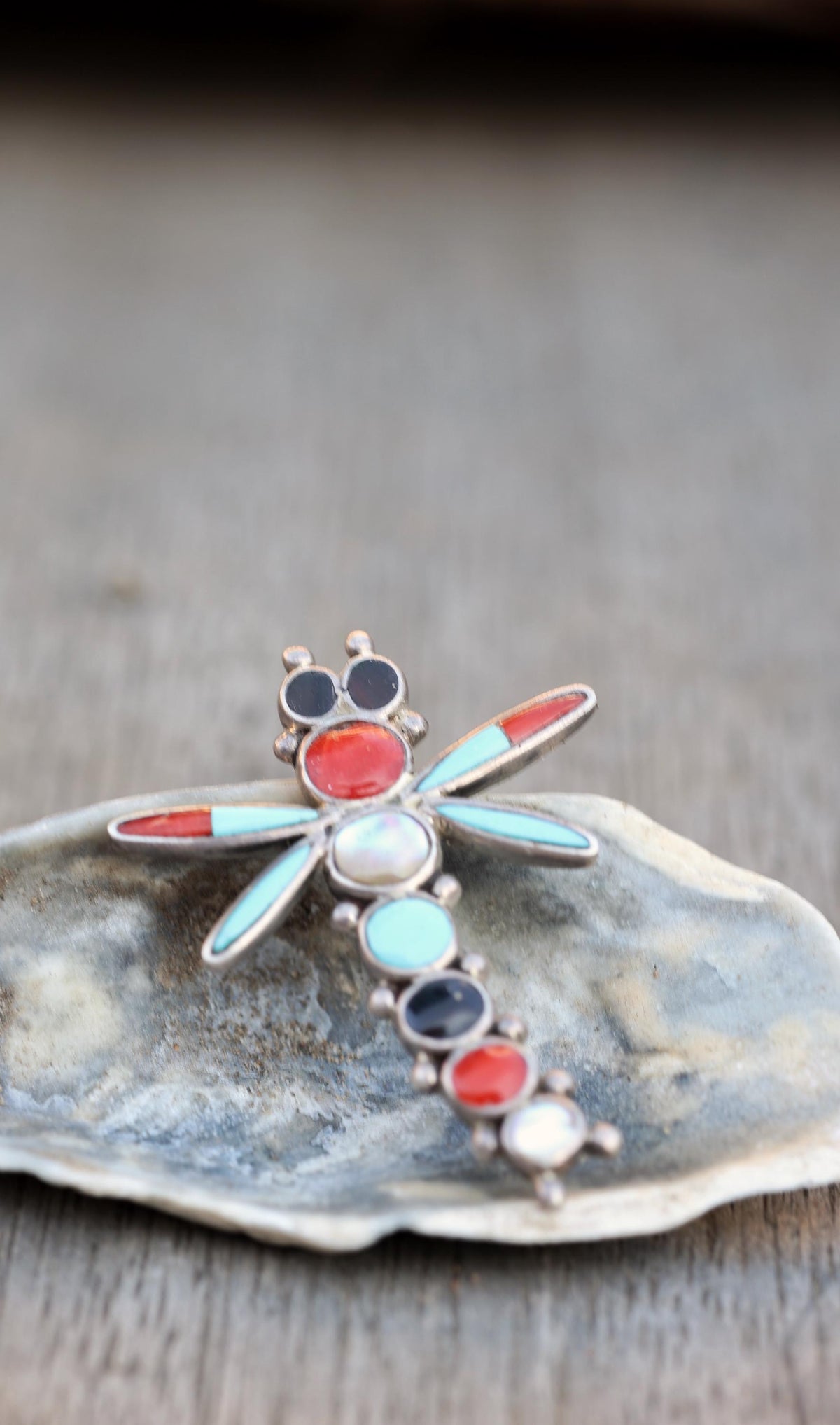Zuni Dragonfly Pin Multi Stone Inlay Sterling Silver Signed Turquoise Coral