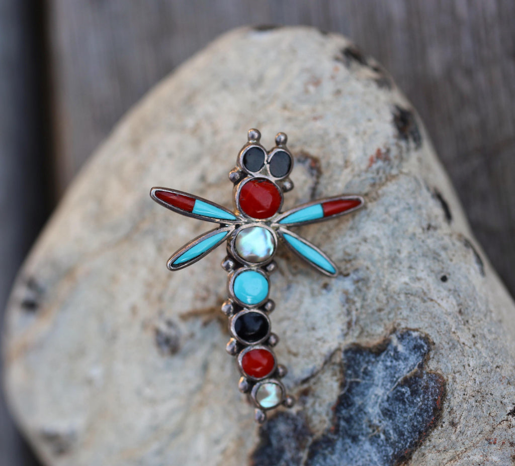 Zuni Dragonfly Pin Multi Stone Inlay Sterling Silver Signed Turquoise Coral