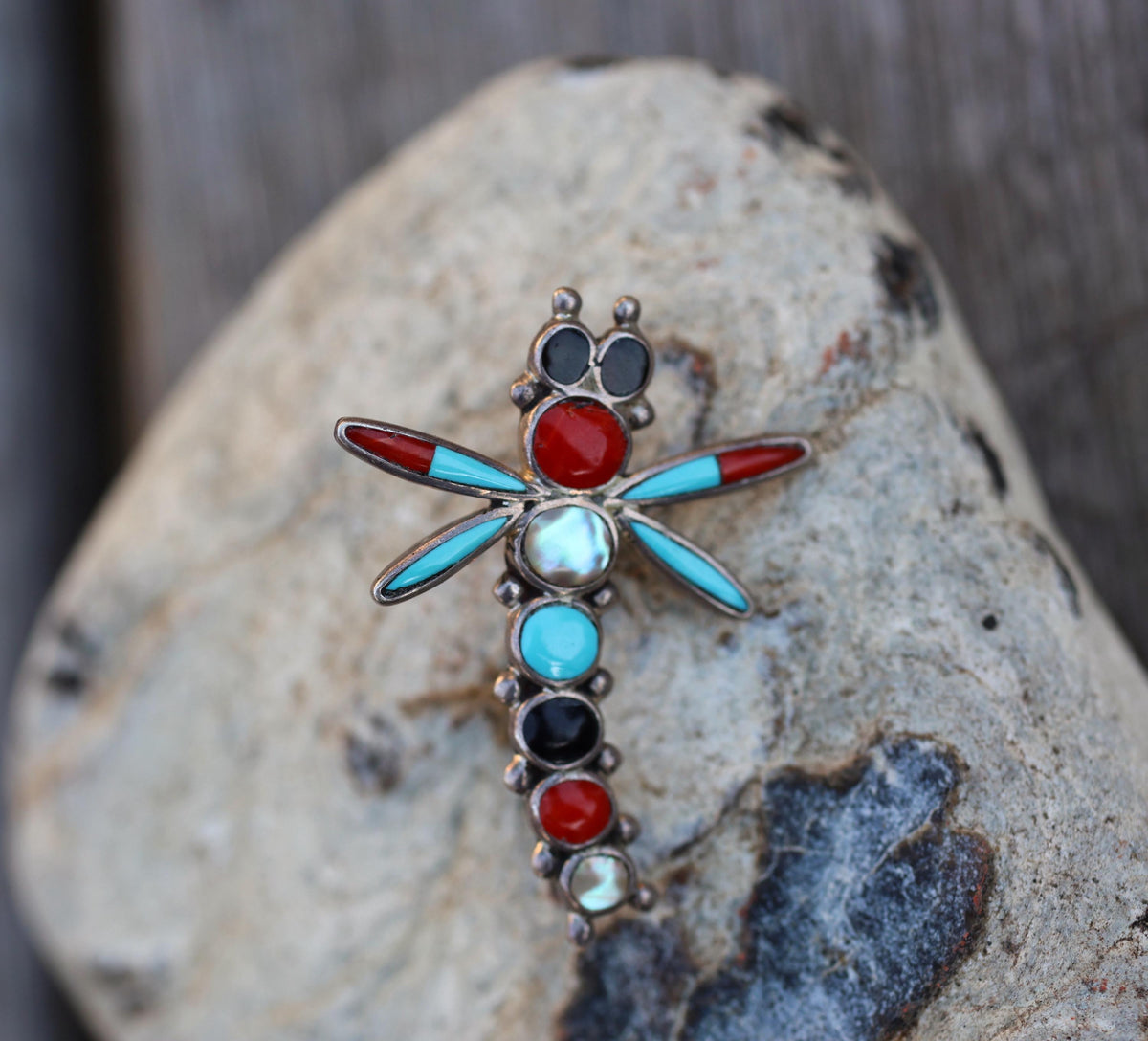 Zuni Dragonfly Pin Multi Stone Inlay Sterling Silver Signed Turquoise Coral