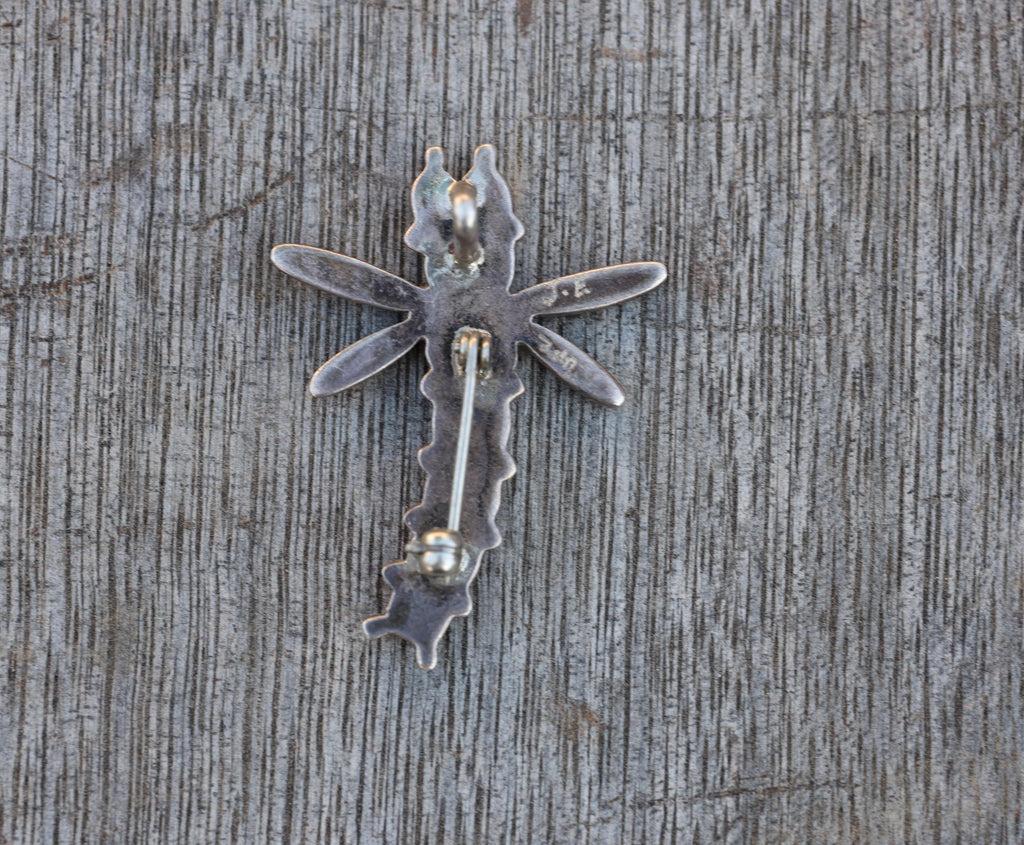 Zuni Dragonfly Pin Multi Stone Inlay Sterling Silver Signed Turquoise Coral