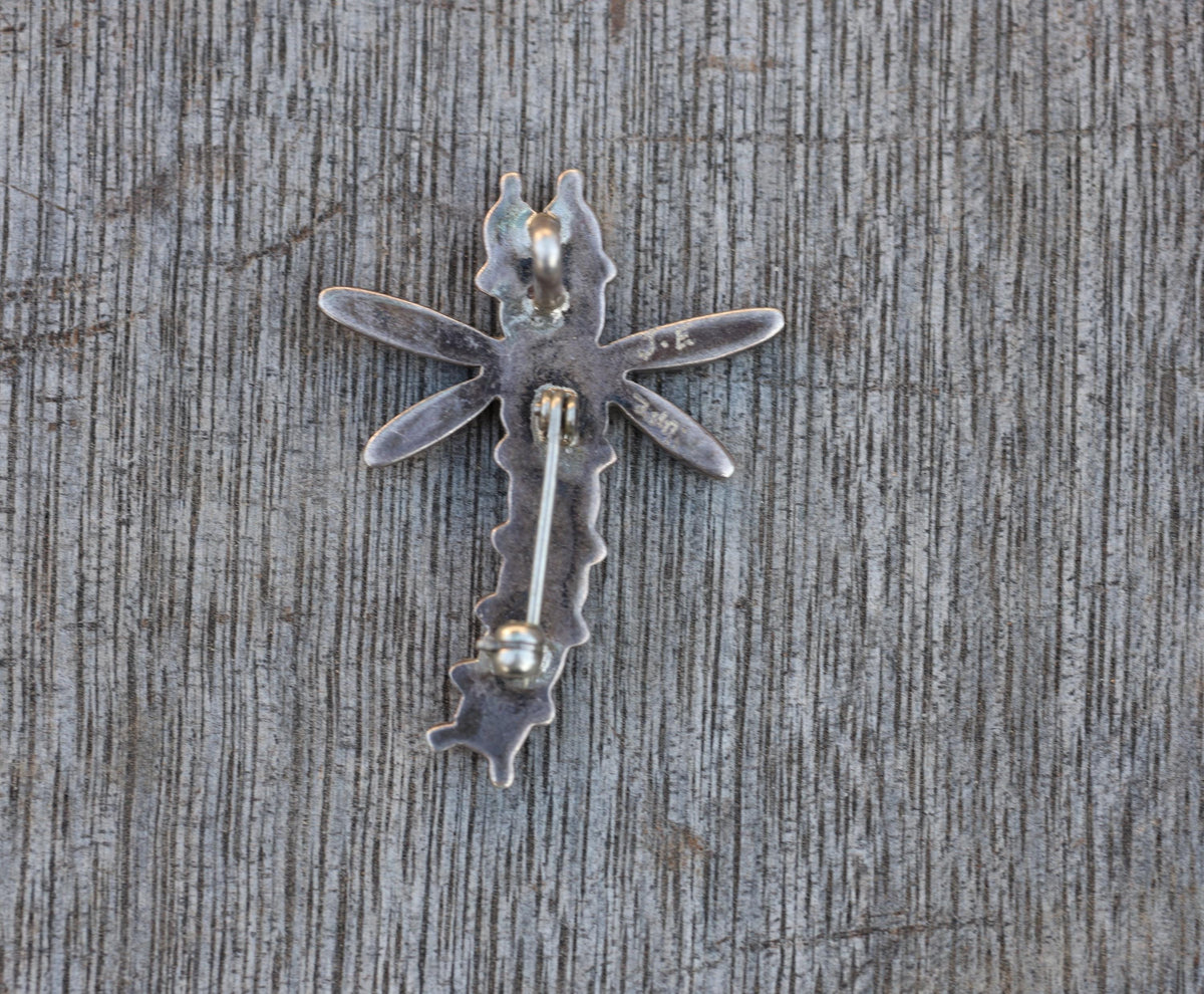 Zuni Dragonfly Pin Multi Stone Inlay Sterling Silver Signed Turquoise Coral