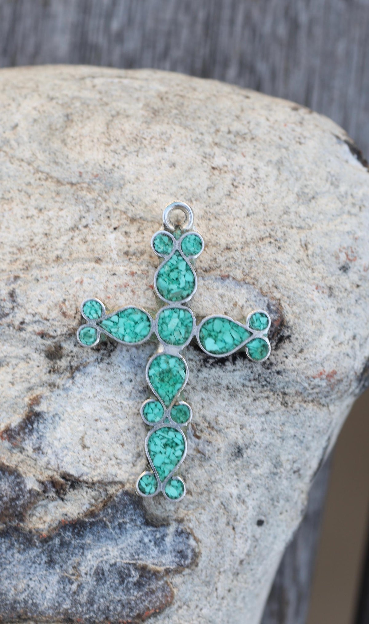 Turquoise Chip Inlay Cross Pendant Mexican Silver Southwestern