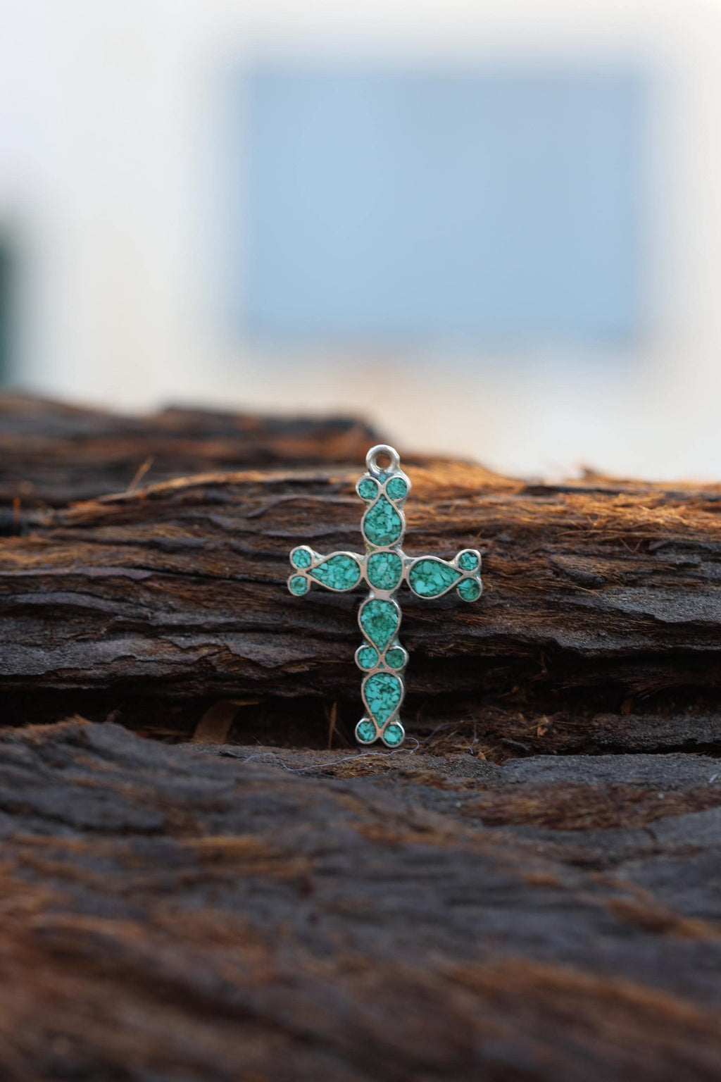 Turquoise Chip Inlay Cross Pendant Mexican Silver Southwestern