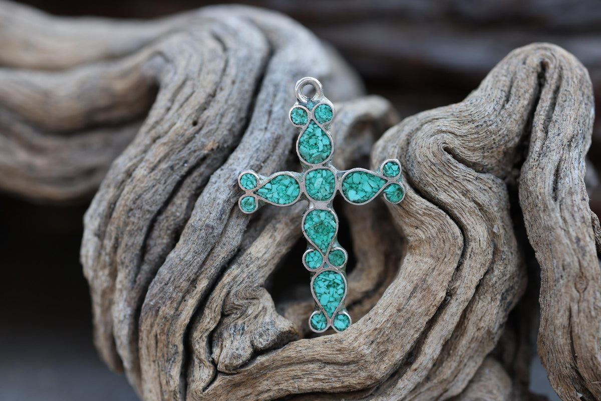 Turquoise Chip Inlay Cross Pendant Mexican Silver Southwestern