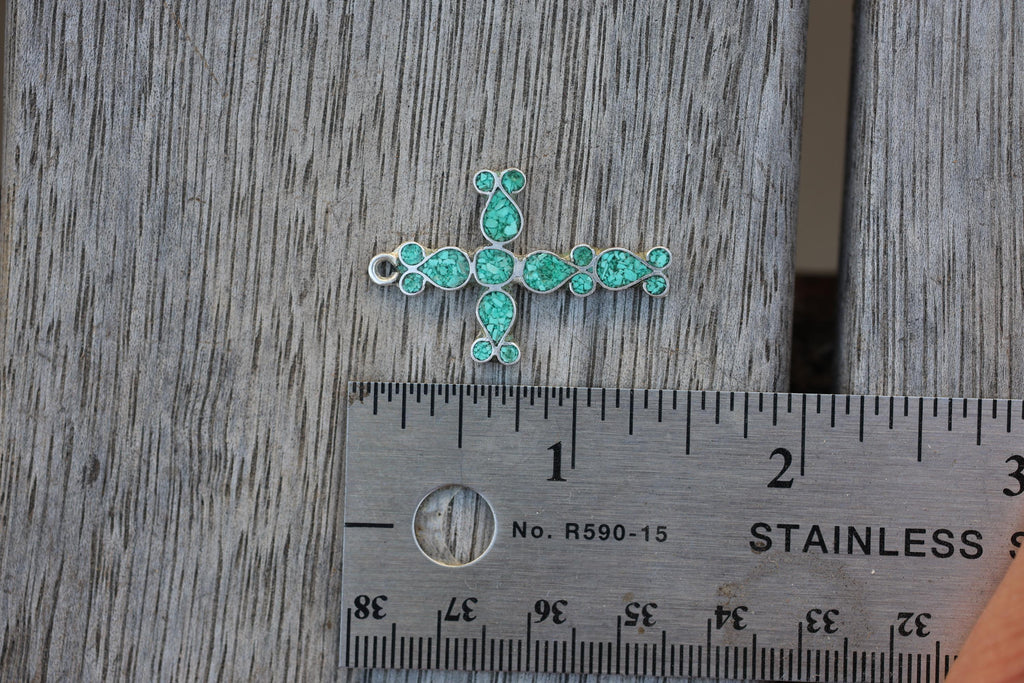 Turquoise Chip Inlay Cross Pendant Mexican Silver Southwestern