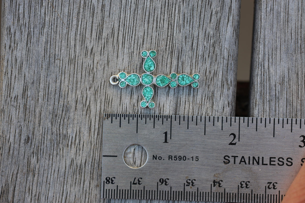 Turquoise Chip Inlay Cross Pendant Mexican Silver Southwestern