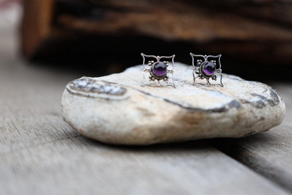 Amethyst Color Earrings Purple Cabochon Bali Style Ornate Boho Sterling Silver