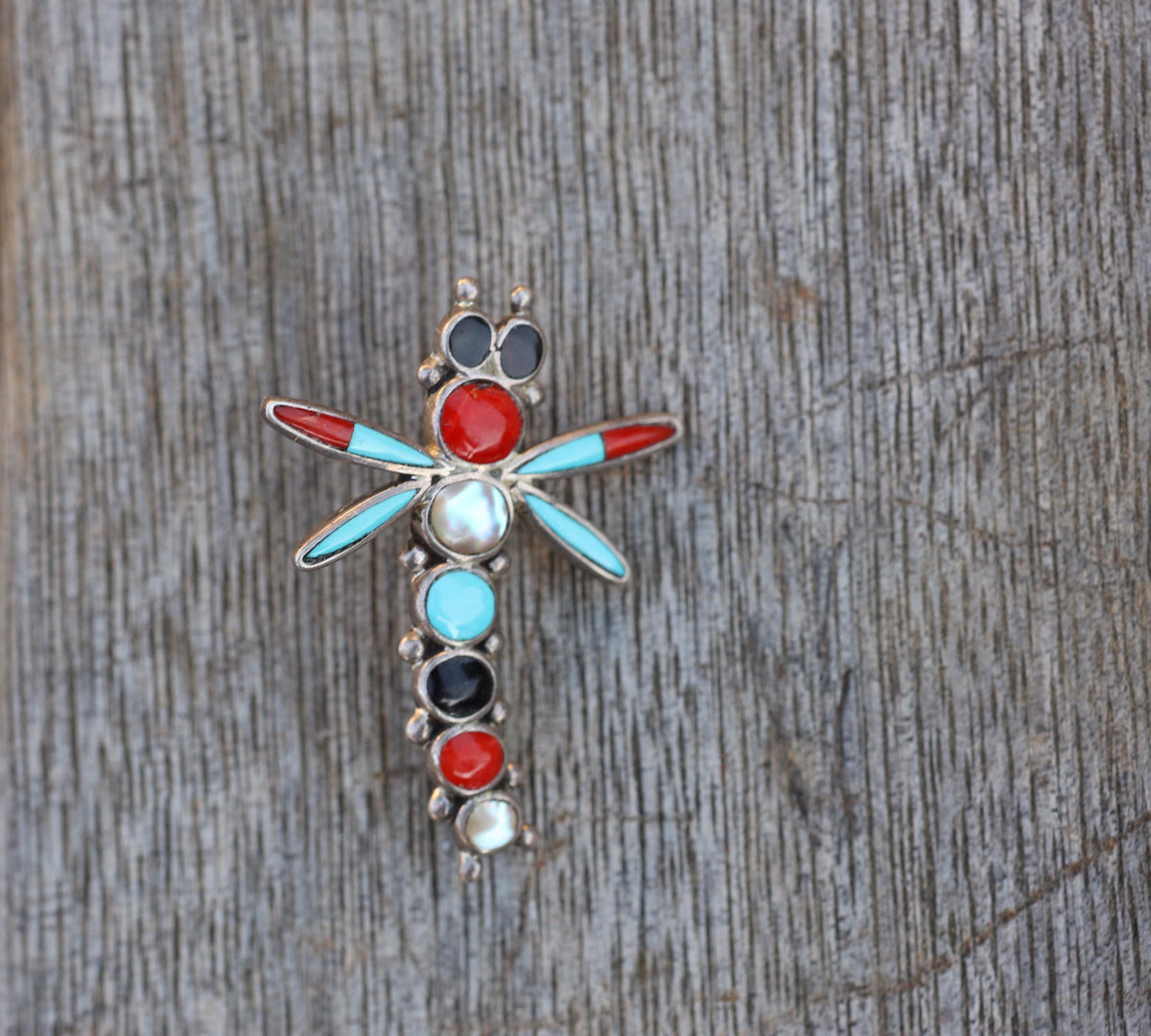 Zuni Dragonfly Pin Multi Stone Inlay Sterling Silver Signed Turquoise Coral