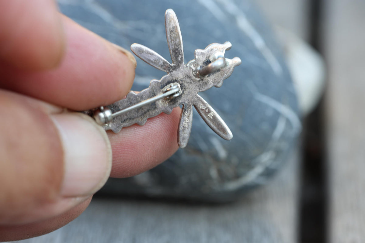 Zuni Dragonfly Pin Multi Stone Inlay Sterling Silver Signed Turquoise Coral
