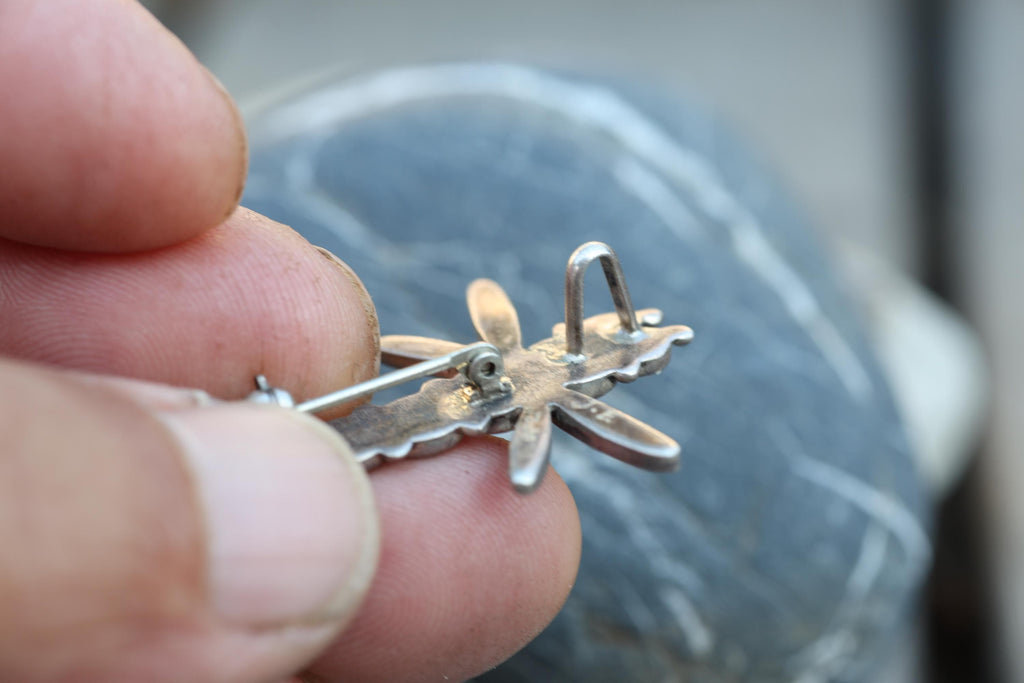 Zuni Dragonfly Pin Multi Stone Inlay Sterling Silver Signed Turquoise Coral