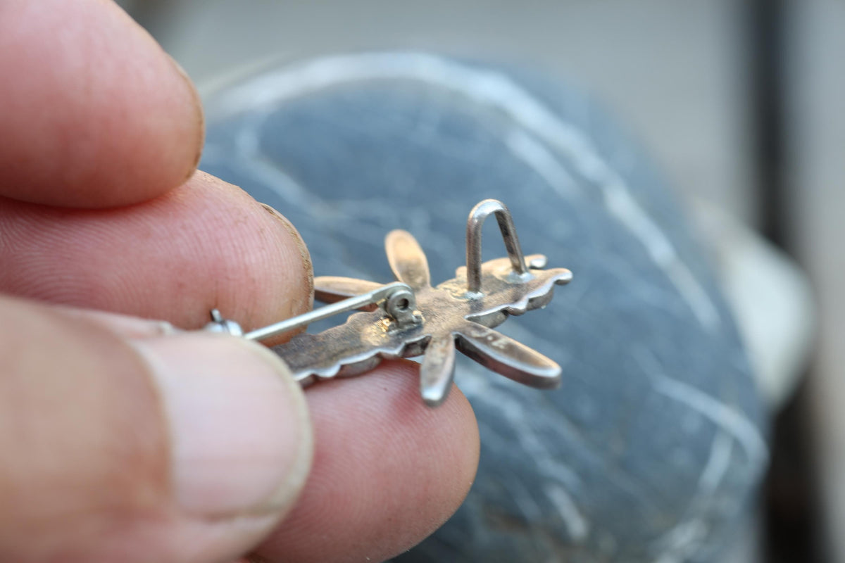 Zuni Dragonfly Pin Multi Stone Inlay Sterling Silver Signed Turquoise Coral